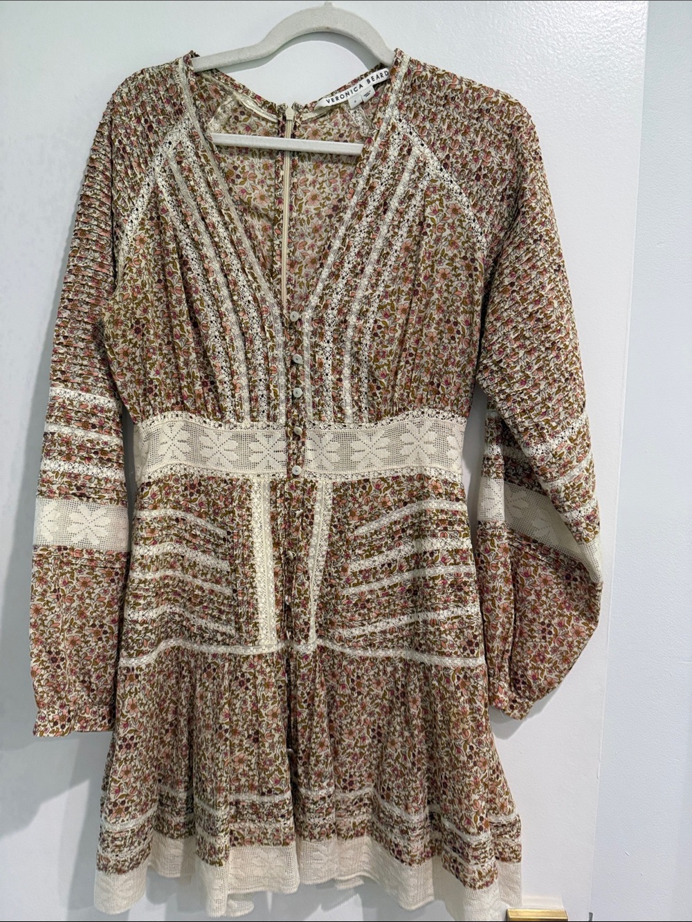 Veronica Beard Brown Floral Lace-Trim Mini Dress